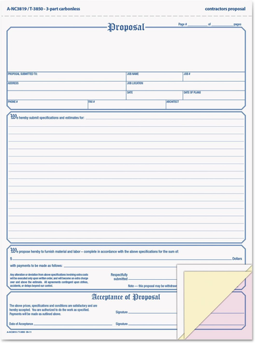 NC3819 Contractor Proposal Form, 3-Part Carbonless, 8 1/2 X 11 7/16, 50 Forms