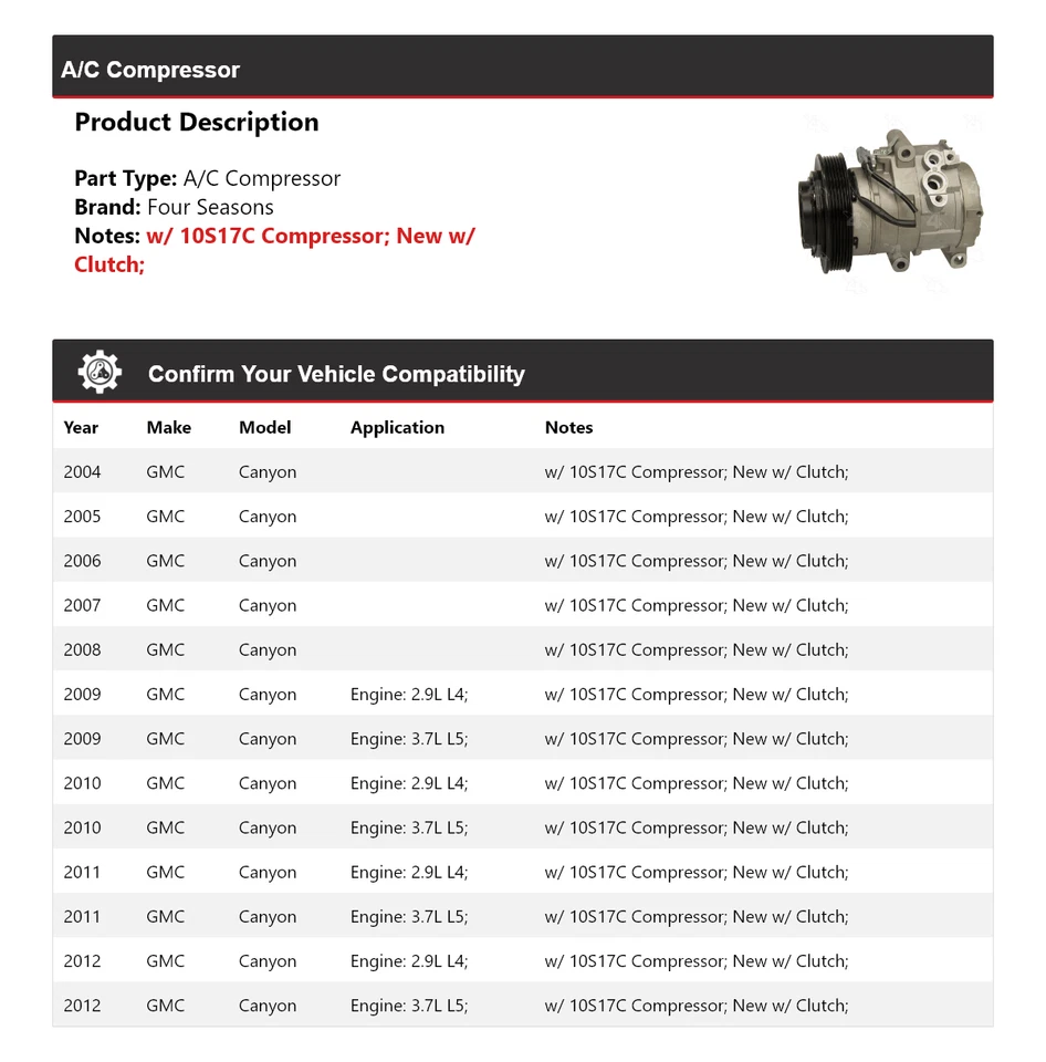 Compresor de aire acondicionado para GMC Canyon 2004-2012 4 estaciones 2005 2006 2007 2008 2009 2010 Foto 2 de 4