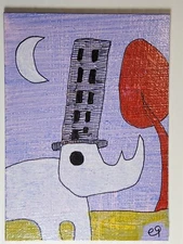 e9Art ACEO rhino with skyscraper outsider art brut naive