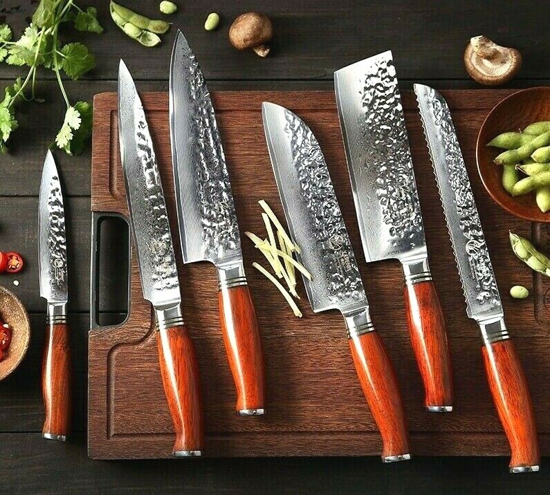 Chef Nakiri Santoku Utility Bread Knife Set 73 Capas Damasco Mango de madera de acero
