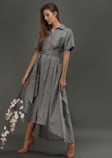 Short Sleeve Grey Collard High Low Oversized Dress With Belt 050622
