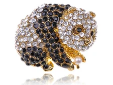 Zoo Panda Bear Pearl Jet Black Crystal Rhinestone Gold Toned Statement Cute Ring