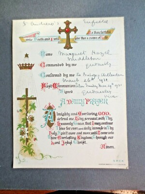 1931 Konfirmationsurkunde SPCK religiös christlich Gebet Middleton ENFIELD