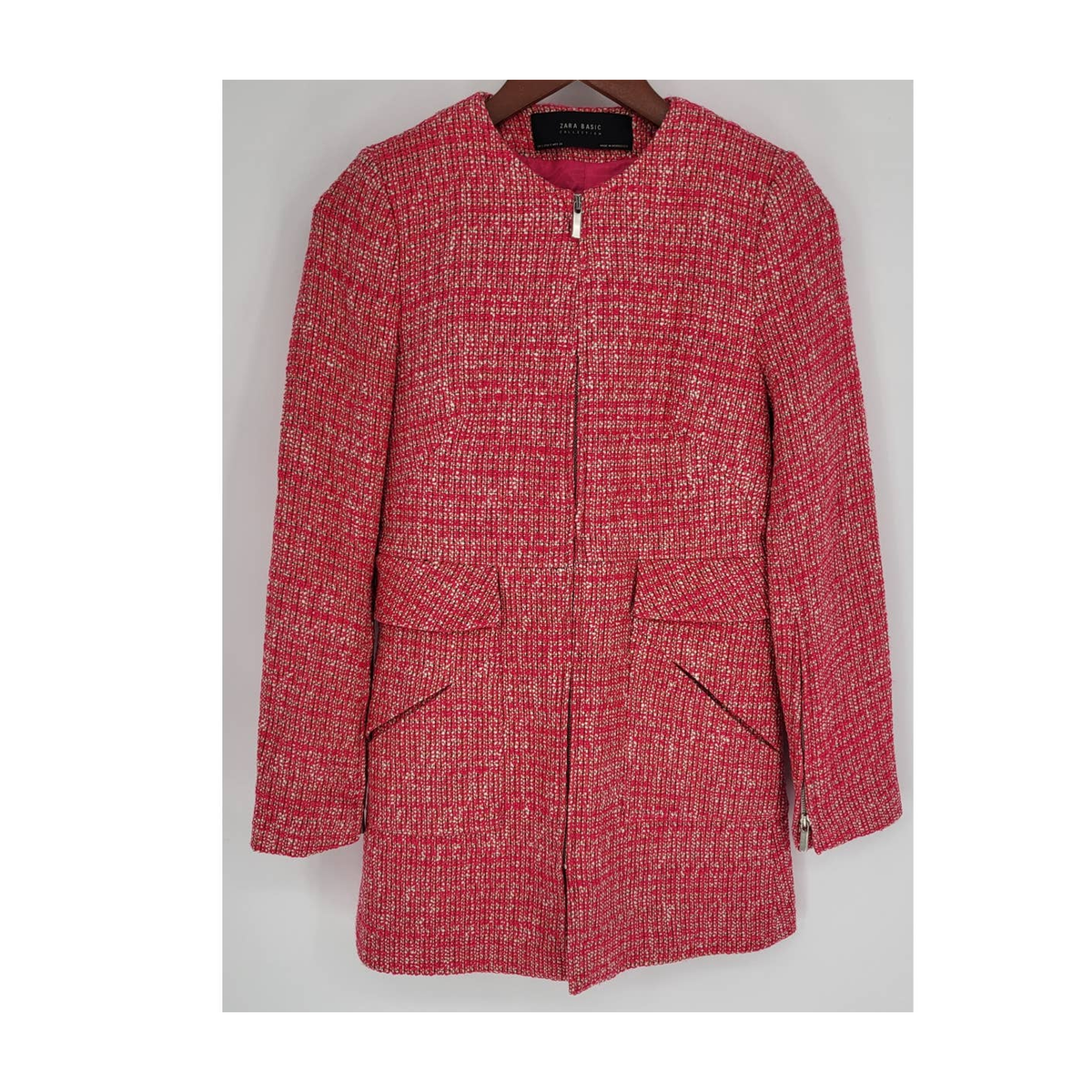 Zara Basic Pink Tweed Zip Front Long Coat Jacket NWT New Women's S