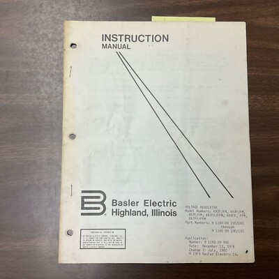 Basler KR VOLTAGE REGULATOR OPERATION MAINTENANCE TROUBLESHOOTING MANUAL GUIDE