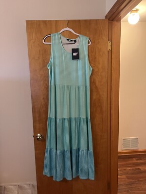 lands end sleeveless tiered maxi dress Lands End Tiered Maxi Dress Large L 14/16 Green Ombre Gingham Plaid Sleeveless