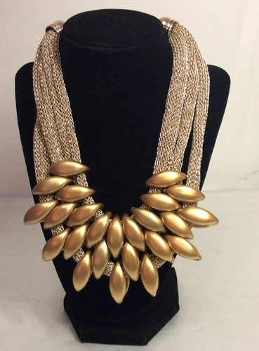 Gold Mesh Chain & Chunky Leaf Shaped Baubles on a Choker Bib Statement Necklace 