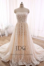 Leaves Lace Wedding Dress Bridal Gown Champagne Chapel Train Sheer Boned Bodice