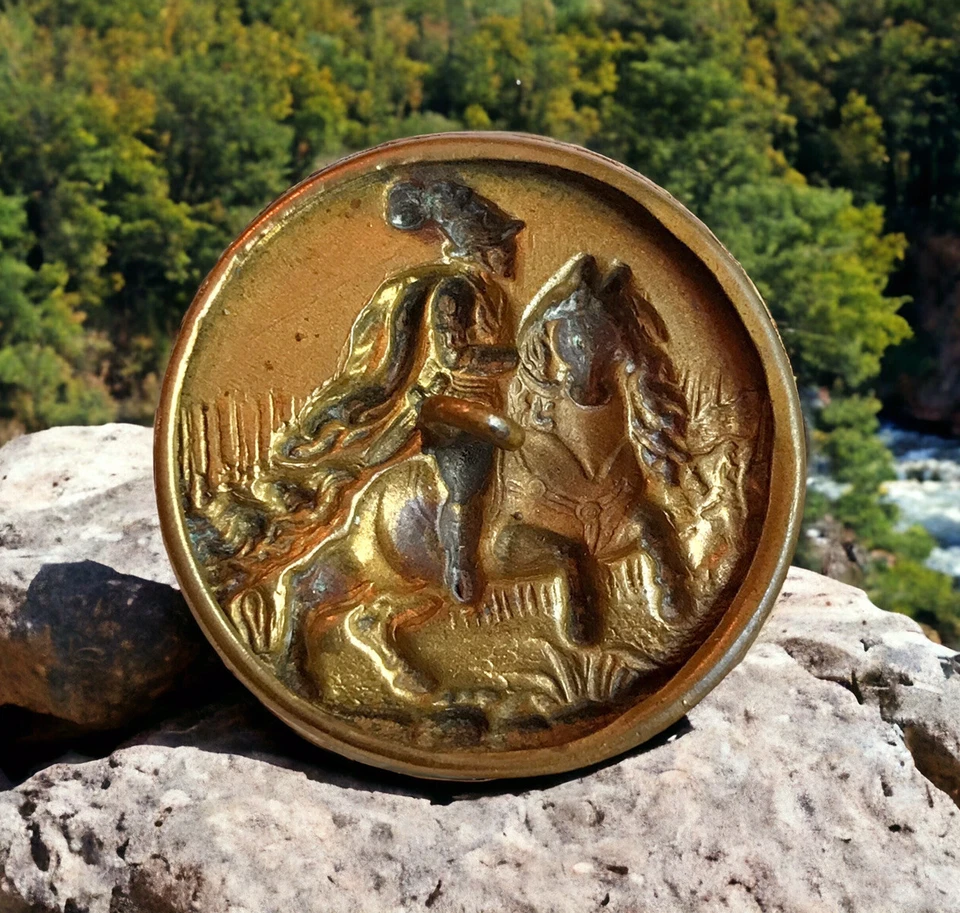 Victorian Vintage Antique Brass Picture Button Follow Where My White Plume Leads - Image 2 of 4
