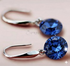 Blue 925 Sterling Silver Crystal Drop Earrings CZ Round Dangle Earrings