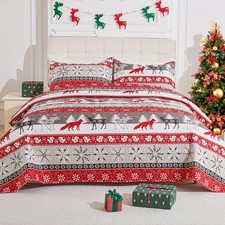 3-Piece Christmas Quilt Set Queen/Full Size Cozy Xmas Snowflake elk Bedding S...