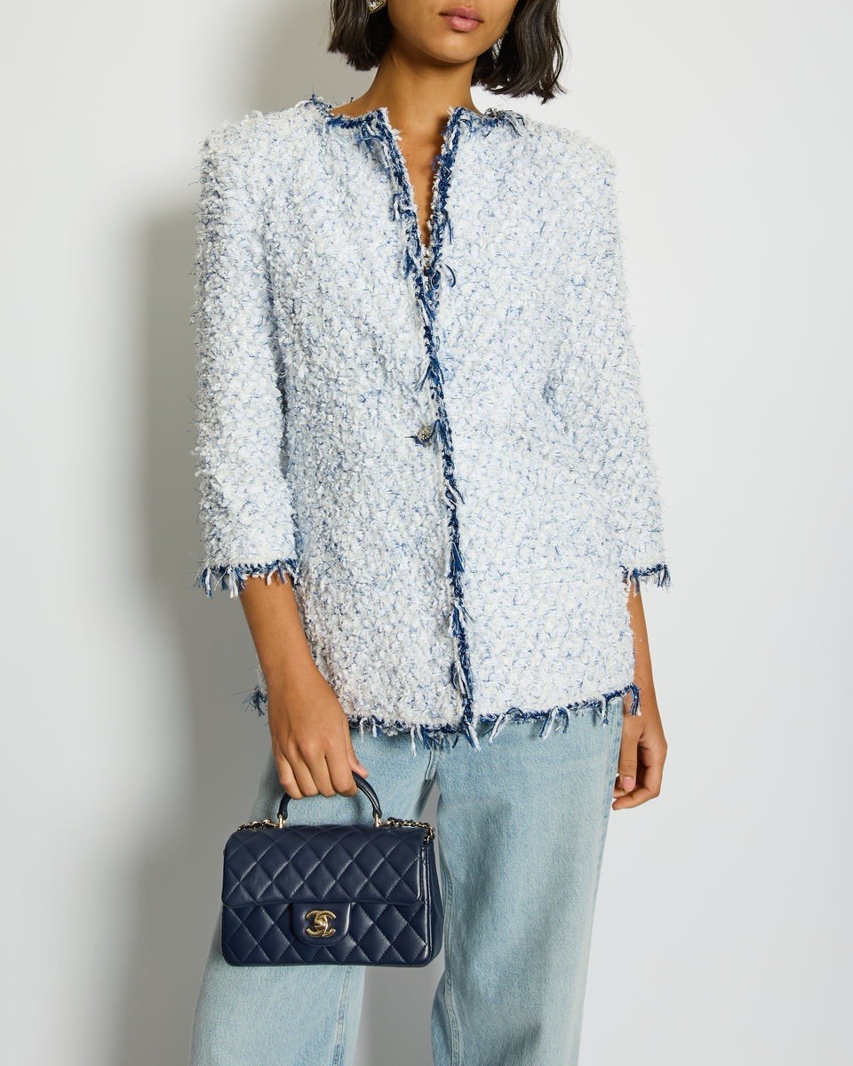 Chanel SS18 Fantasy Tweed Jacket FR36UK8 White Blue CC Logo Button New RRP £5100