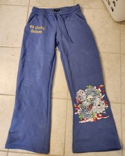 Ed Hardy Womens Blue Sweatpants Tiger Lotus Logo Size S S866