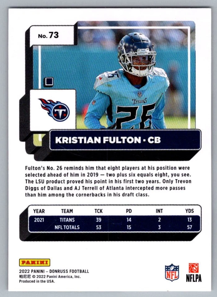 2022 Donruss Kristian Fulton Tennessee Titans #73 - Image 2 of 2