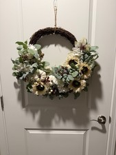 24" Fall Sunflower Wreath Front Door White Pumpkin Farmhouse Thanksgiving Decor
