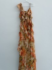 Mikael Aghal Mango Multicolor Floral Chiffon Ruffle Maxi Gown Dress Size 10
