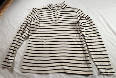 LL BEAN Women s Cream/Navy L/S Heavy Weight Cotton 1/4 Zip Pullover MEDIUM  GUC