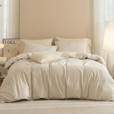 100 Washed Cotton Pinstripe Duvet Cover Set Queen Size 90"x90", Linen-Like S...