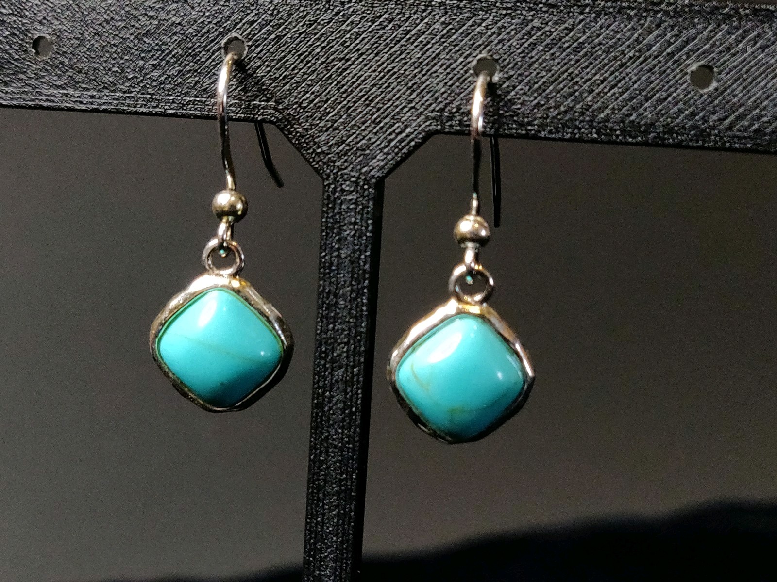Signed Cellini Silver Marked 925 Natural Turquoise Square Facet Hook Earrings 