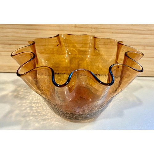 MCM Hand Blown Bischoff Copperette Orange Amber Crackle Glass Handkerchief Bowl