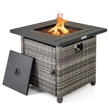 29'' Propane Rattan Firepit Table w/ Lava Rocks & Protective Cover Metal Frame