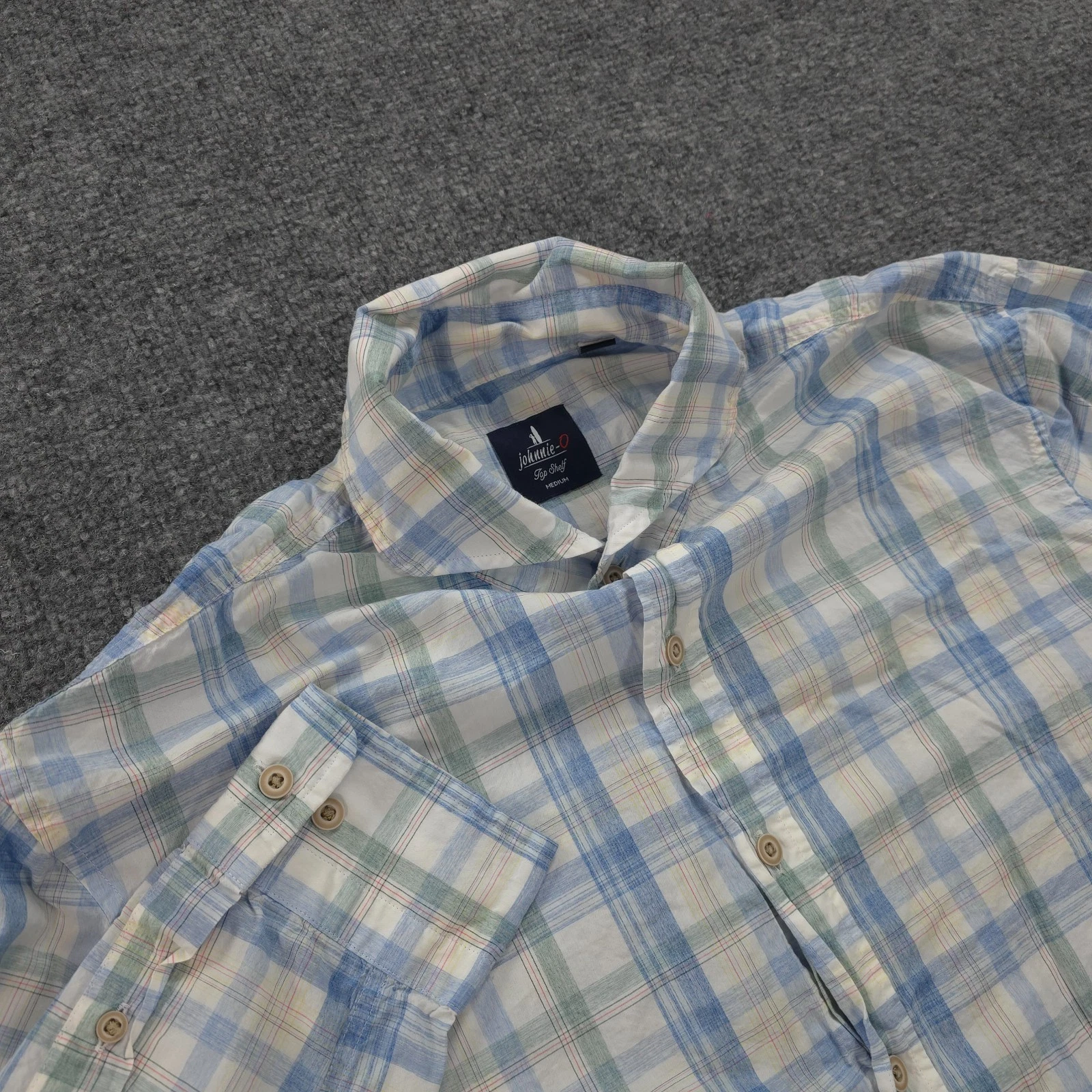 Johnnie O Shirt Mens Medium Blue Plaid Top Shelf Beach Sports Preppy Surfer