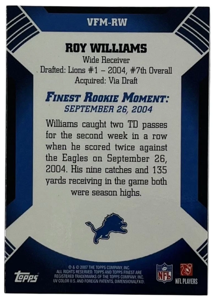 2007 Finest Moments #VFM-RW Roy Williams Detroit Lions - Image 2 of 2