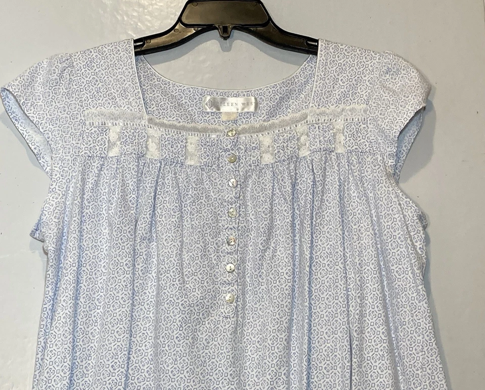 Eileen West Blue White Printed Cotton Knit Nightgown Size M Lightweight Short - Image 3 of 4
