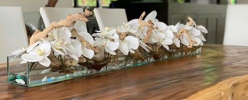 Floral Arrangement, Casa Moderna Glass Plate W/ Faux White Orchids & Succulents - Picture 3 of 8