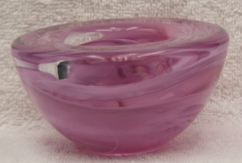 Kosta Boda Candle Atoll Votive Holder Art Glass Bowl Trinket Pink Purple Swirl - Picture 8 of 9