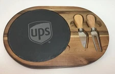 UPS Cheese Board, Appetizer Board, United Parcel Service, knife & fork cutting 