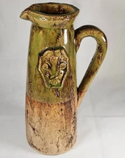 Handmade Fleur de Lis Art Pottery Pitcher Green Drip Glazed Stoneware Clay