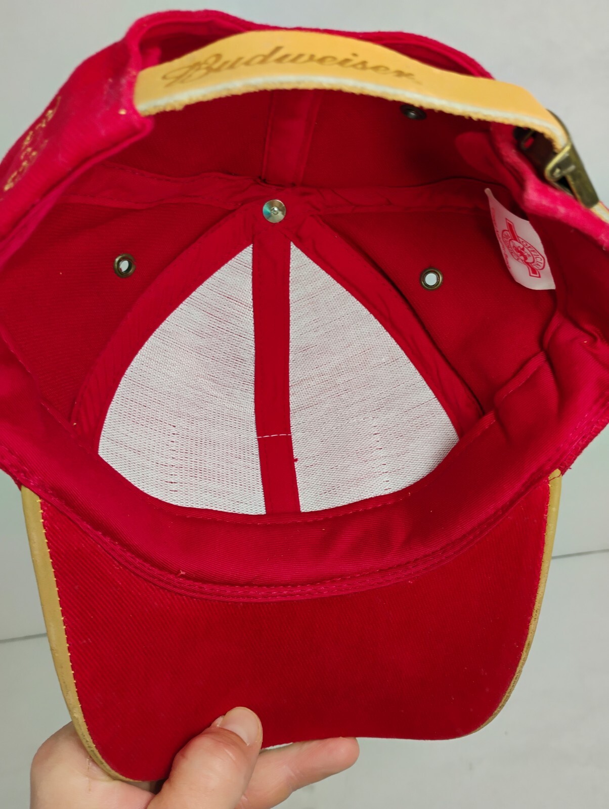 Budweiser Leather Patch Red Baseball Cap Hat Limi… - image 9