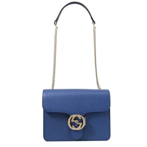 New Authentic Gucci GG Blue Interlocking Chain Handbag Leather Bag Italy 510304