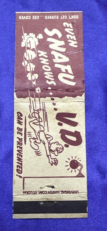 WW II   MATCHBOOK COVER EVEN SNAFU KNOWS-VD  Red