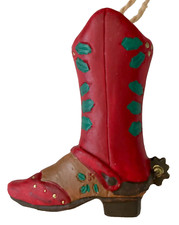 Western Cowboy Boot Christmas Ornament 2.5" hand painted resin Red Green Holly