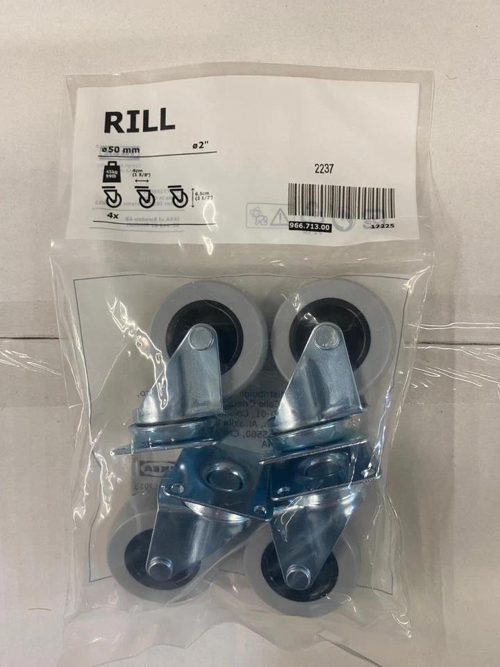 Brand New Ikea RILL castor, grey, 50 mm, 966.713.00, pack of 4