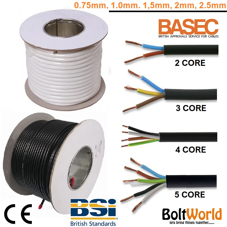 BOLT WORLD 2 3 4 5 CORE ELECTRICAL FLEX ROUND CABLE WIRE 0.75mm 1mm 1.5mm 2.5mm BLACK WHITE