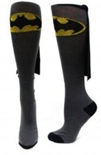Batman Logo Black, Grey and Yellow Knee High Derby Socks with Cape, NEW UNUSED
