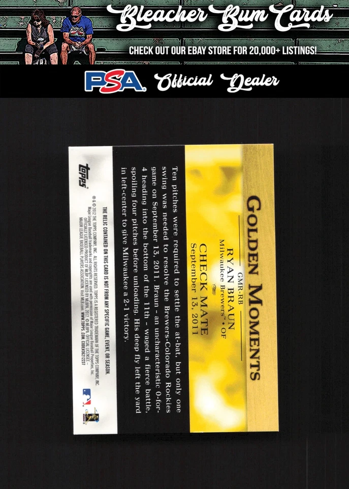 2012 Topps GMR-RB Ryan Braun Golden Moments Relics - Image 2 of 2