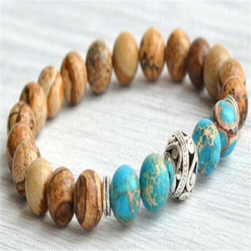 Imperial Jasper Picture Stone Bracelet 108 Buddha Beads Energy Wrist Fancy Chain - Picture 1 of 2