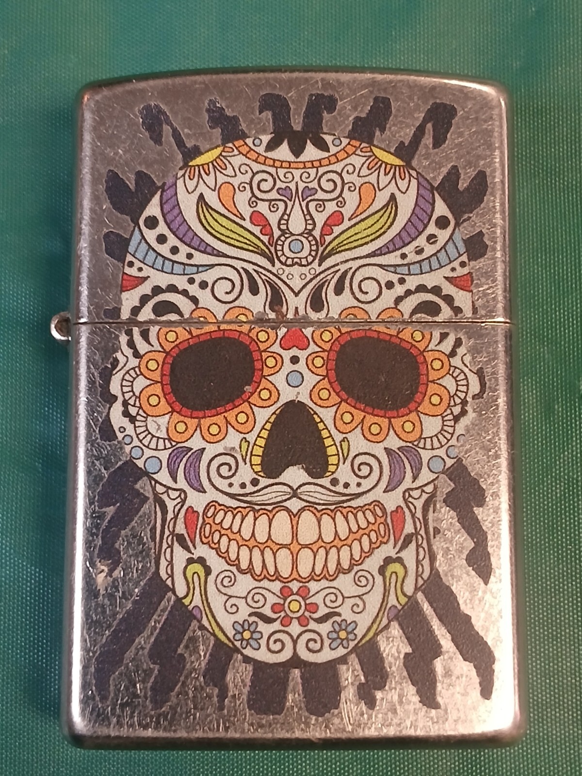 2018 Zippo Chrome Lighter, Day of the Dead Sugar Skull Crack