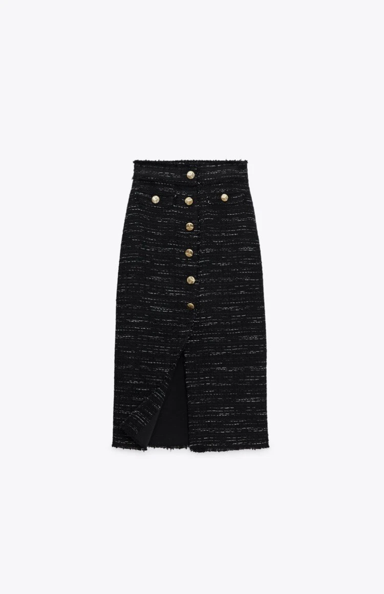 NWT Zara Black White Tweed Textured Midi Skirt With Gold Buttons
