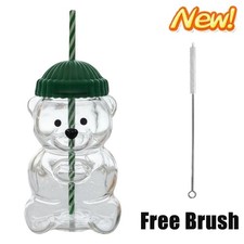 Cute Bear Glass Cup with Lid  Straw - 20oz Sippy Cup for iced coffee With brush