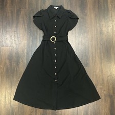 Calvin Klein Scuba Crepe Shirt Dress 6 Black Midi Belted Button Front CD2C1573