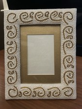Beaded Photo Frame   Handcrafted Ivory and Gold Scroll Design   Fits 5x7 Photo