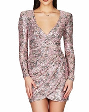 Nookie Fantasy Pink Sequined Long Sleeve Ruched Wrap V-Neck Party Mini Dress XS