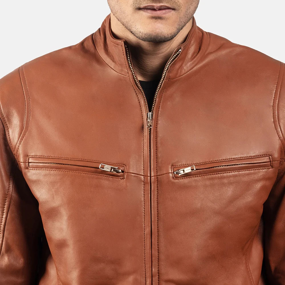Men’s Brown Leather Jacket Slim Fit Stand Collar Casual Biker Style image 6