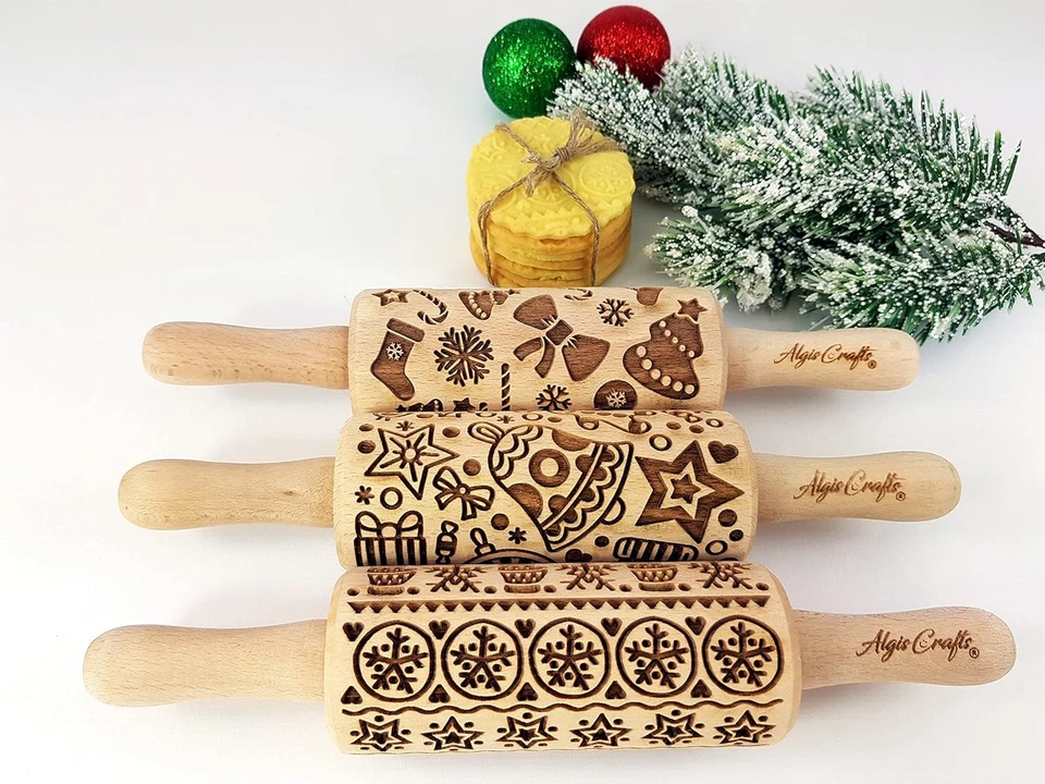CHRISTMAS FUN 3 Kid Rolling Pin Set. Wooden Laser Cut Embossing Cut Mini Rolling - Image 2 of 4