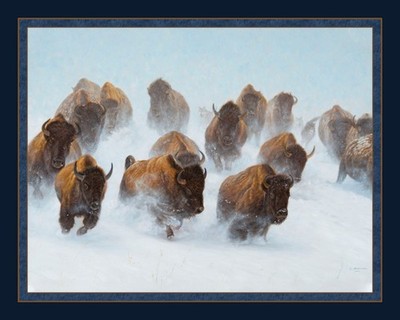 36'' X 44'' Panel Silent Thunder Buffalo Bison Herd Snow Cotton Fabric D479.18